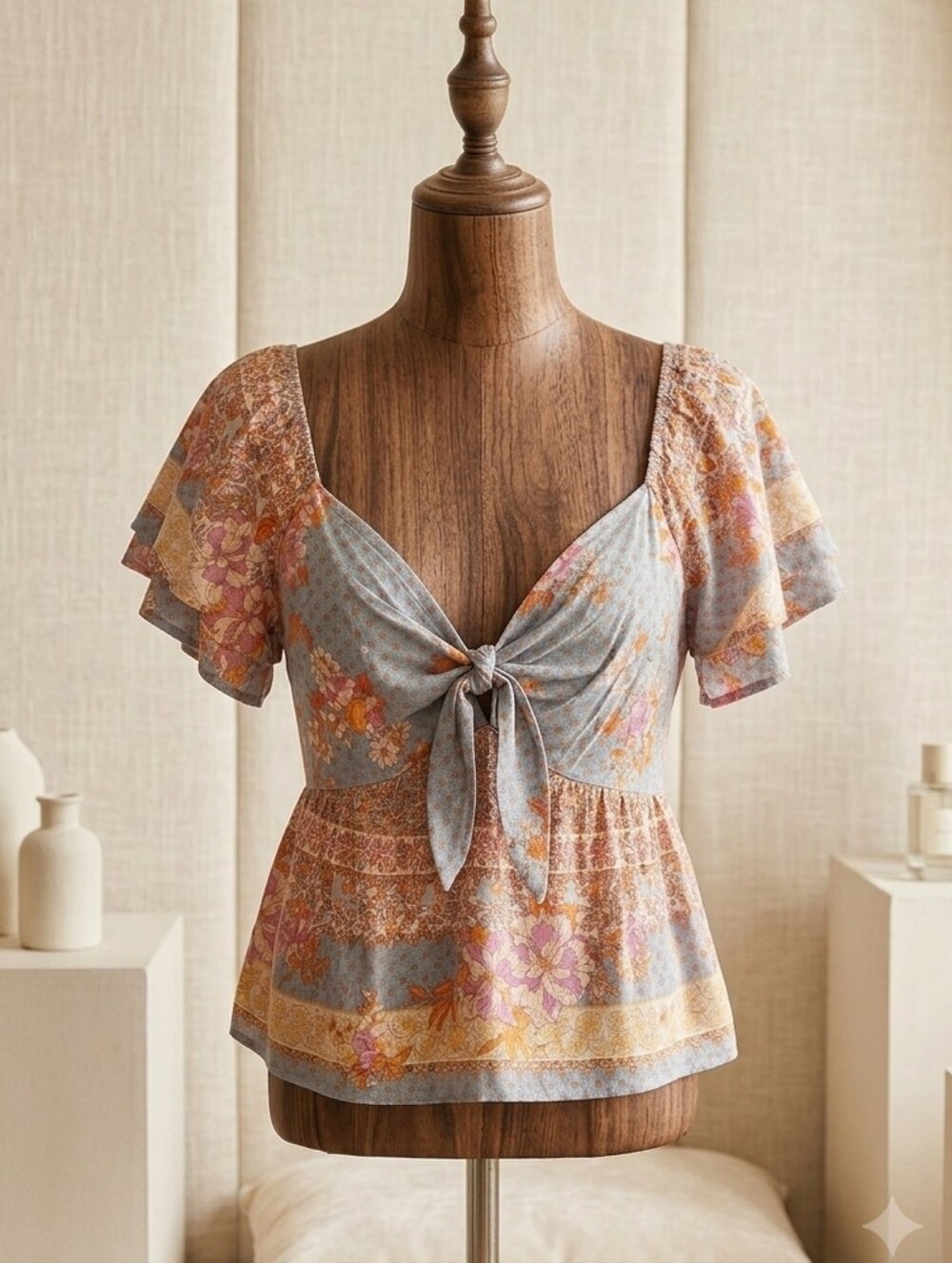 Rustty Dustty Floral V-Neck Cropped Flutter Blouse Sz Sm